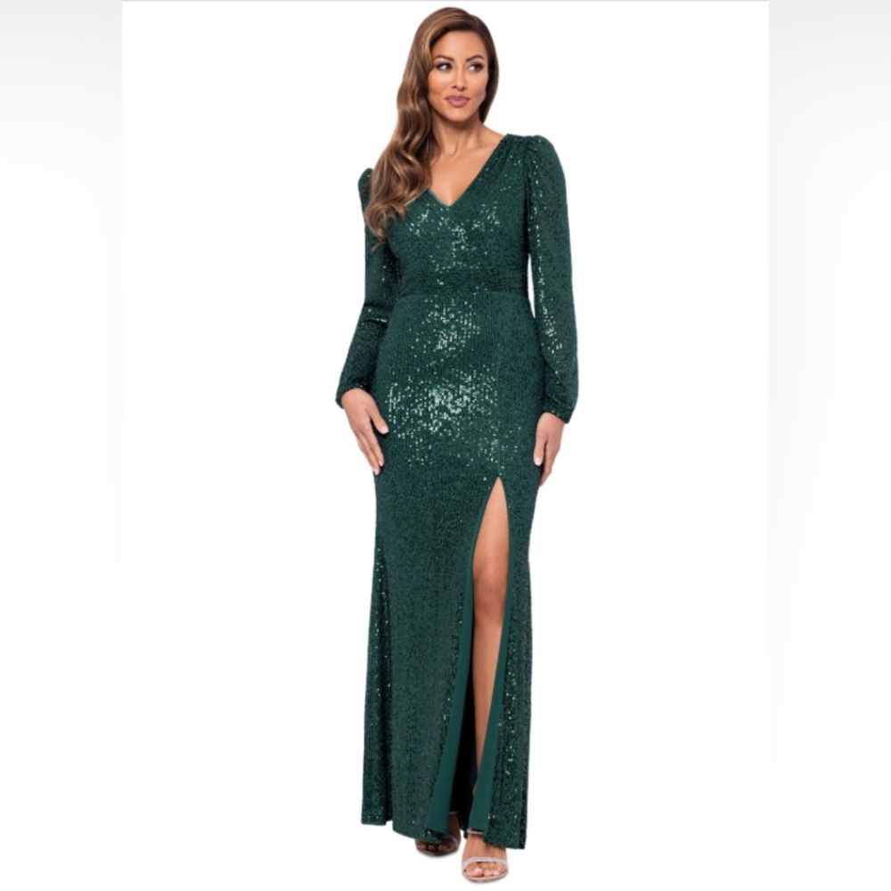 Xscape Women's Sequinned High-Slit Evening Gown - Hunter.